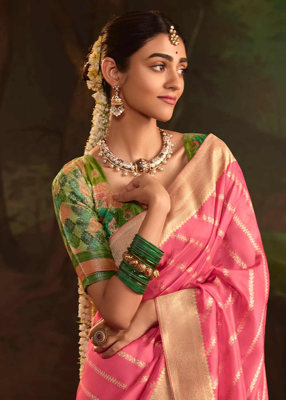 Pink Pure Crepe Dola Silk Wedding Festive Saree - Image 2