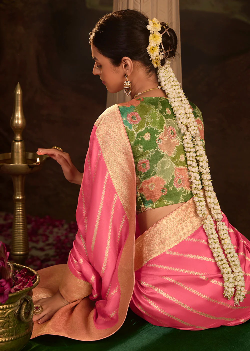 Pink Pure Crepe Dola Silk Wedding Festive Saree - Image 3