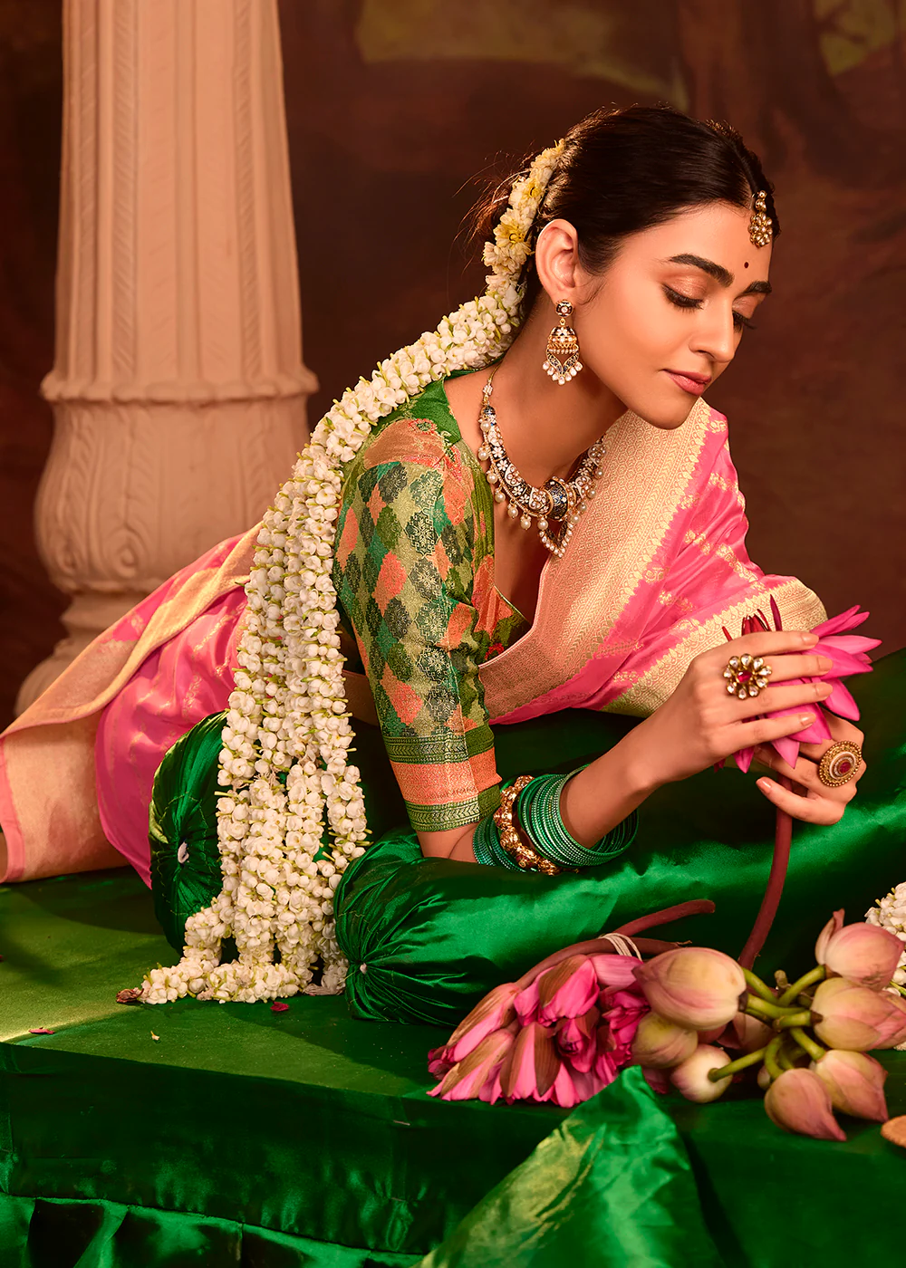 Pink Pure Crepe Dola Silk Wedding Festive Saree - Image 4