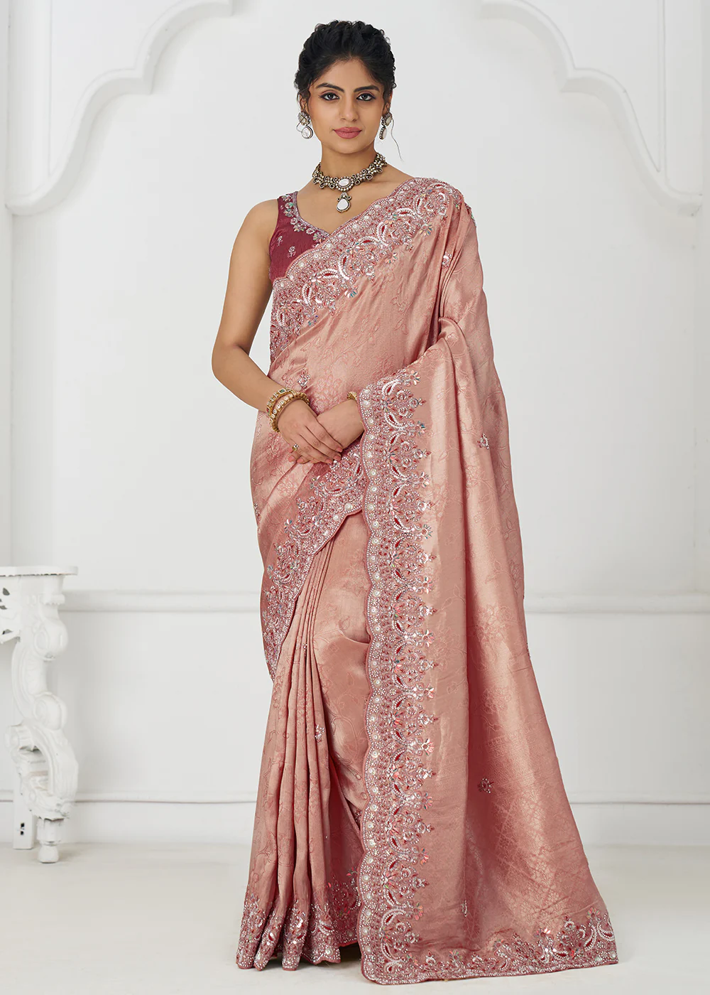 Pink Pure Dola Viscose Silk Wedding Wear Saree