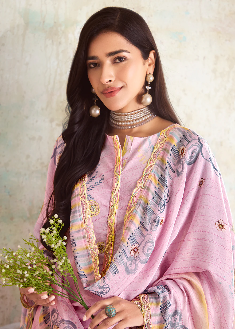 Pink Pure Linen Printed & Embroidered Pant Style Suit - Image 2