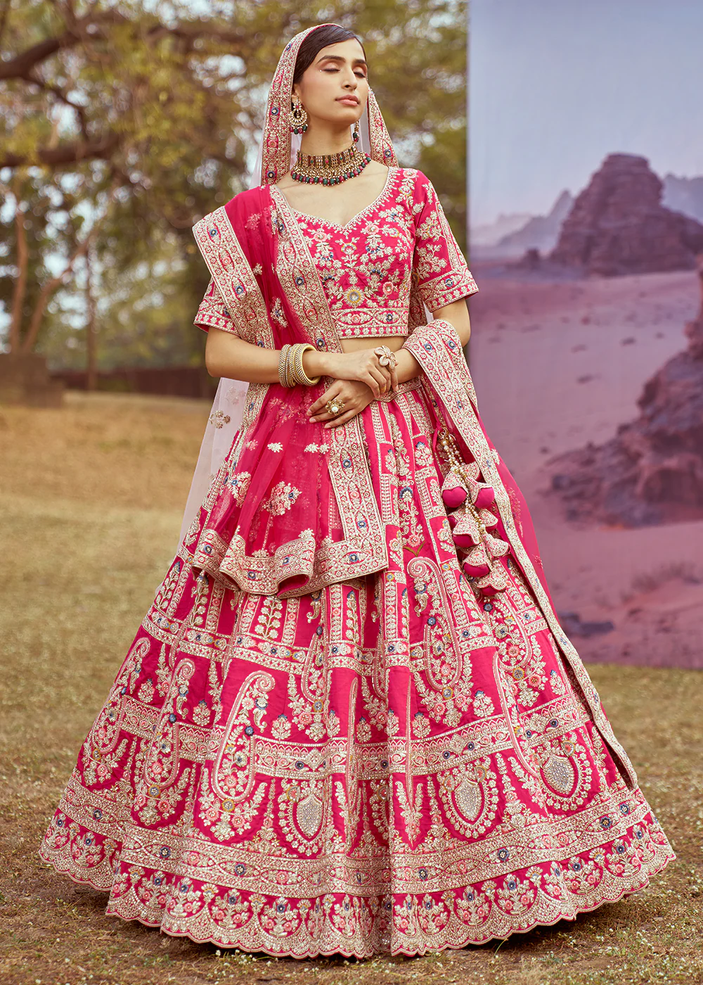 Pink Pure Silk Embroidered Wedding Wear Lehenga Choli