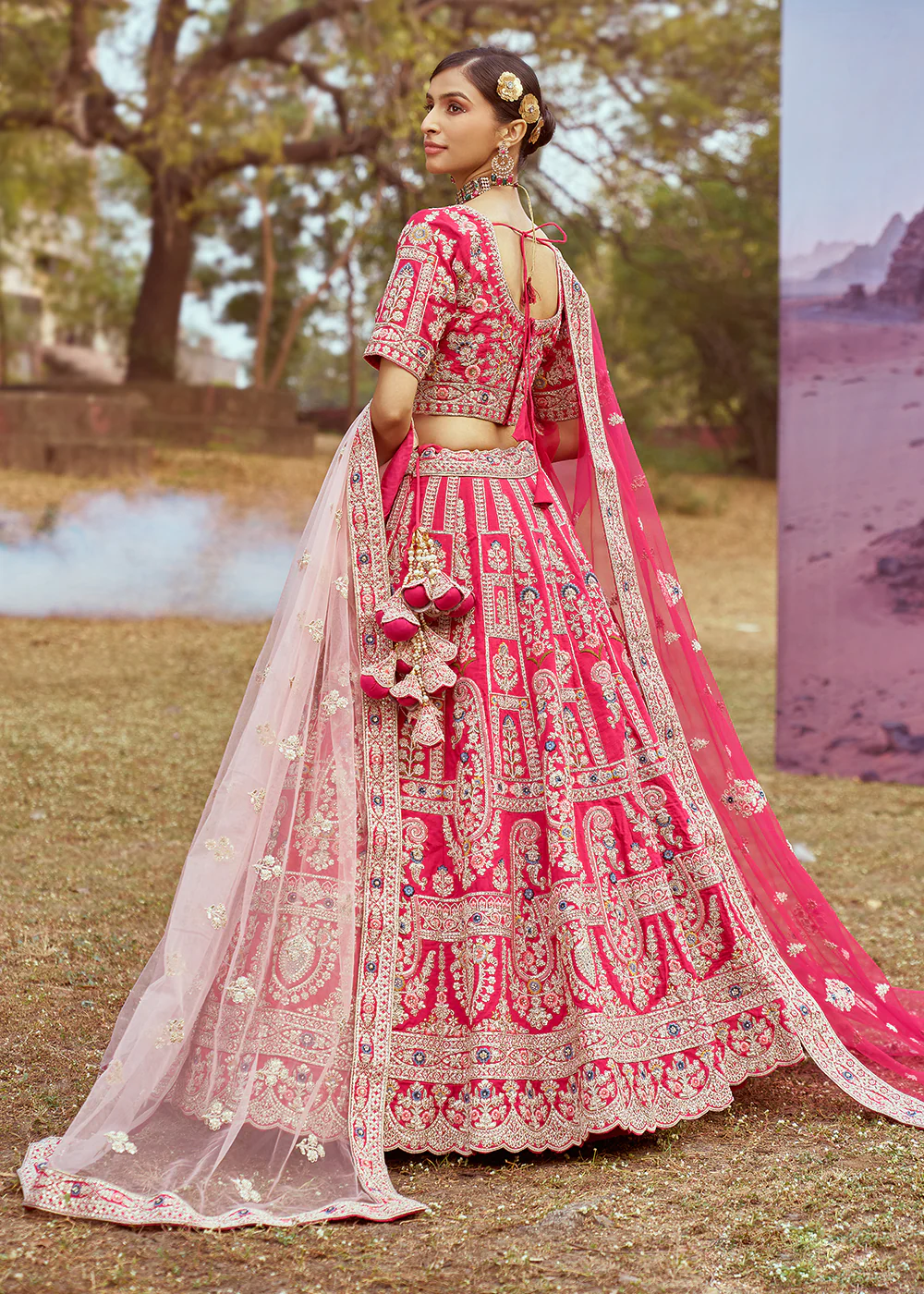 Pink Pure Silk Embroidered Wedding Wear Lehenga Choli - Image 3