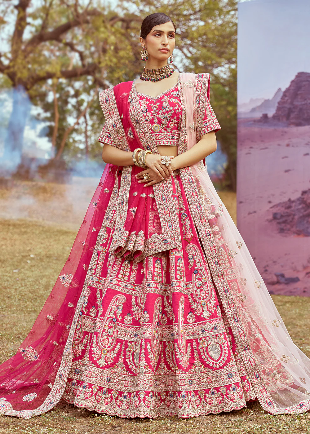 Pink Pure Silk Embroidered Wedding Wear Lehenga Choli - Image 4