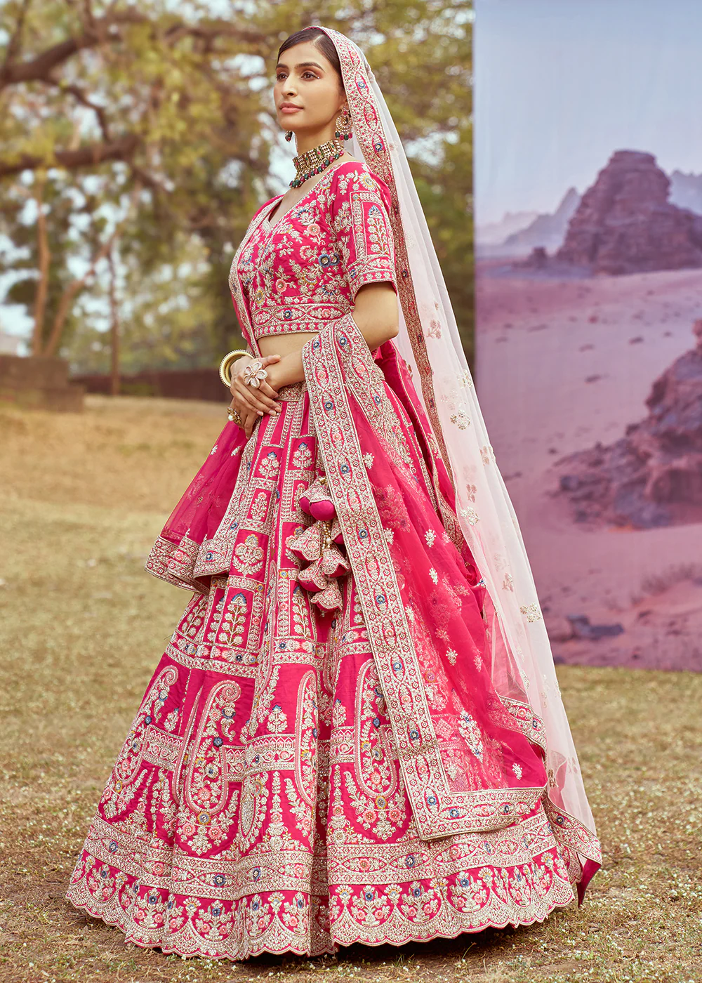 Pink Pure Silk Embroidered Wedding Wear Lehenga Choli - Image 5