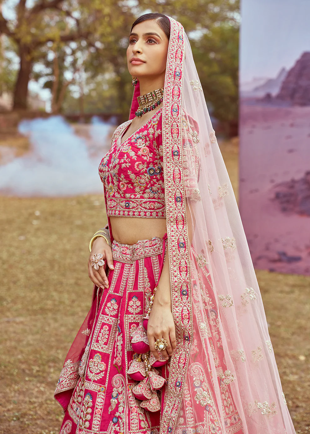 Pink Pure Silk Embroidered Wedding Wear Lehenga Choli - Image 7