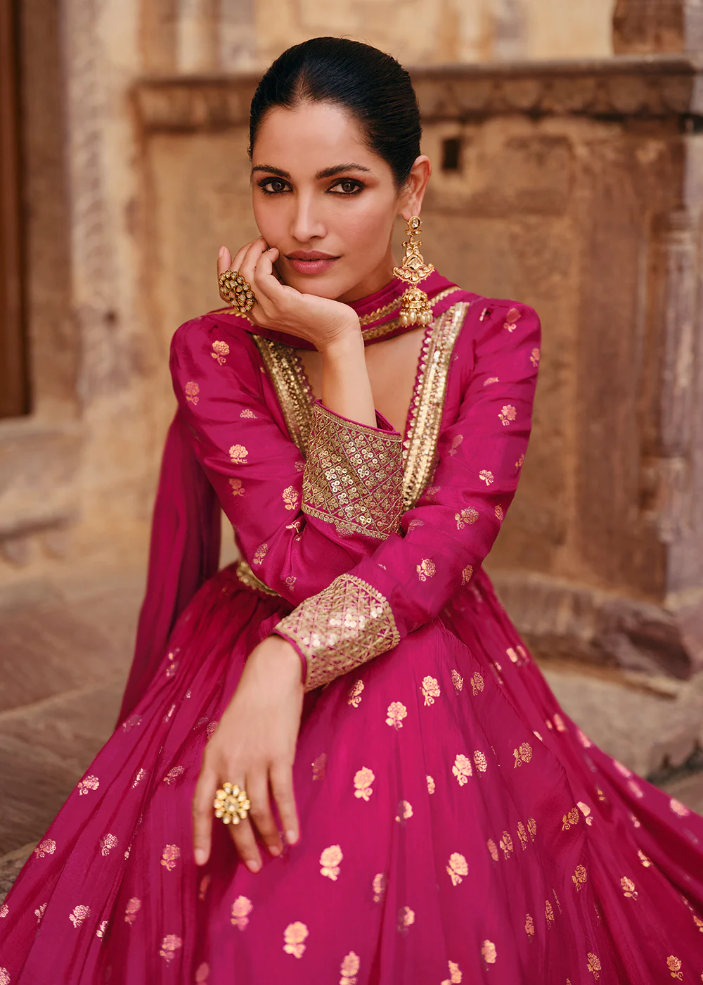 Pink Pure Viscose Jacquard Silk Embroidered Designer Anarkali Suit - Image 2