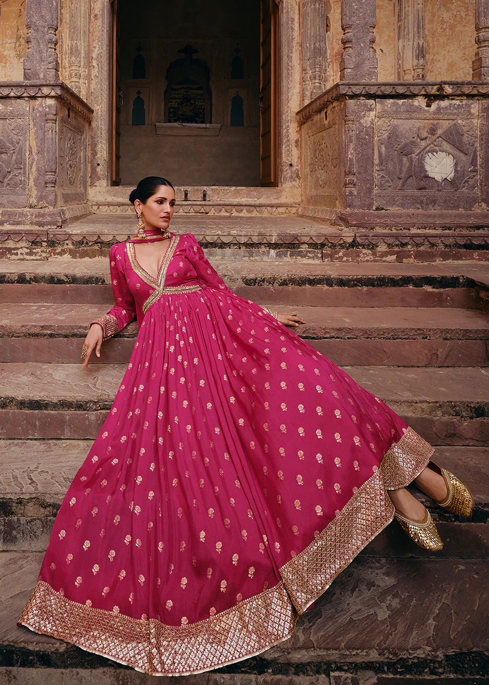 Pink Pure Viscose Jacquard Silk Embroidered Designer Anarkali Suit - Image 6