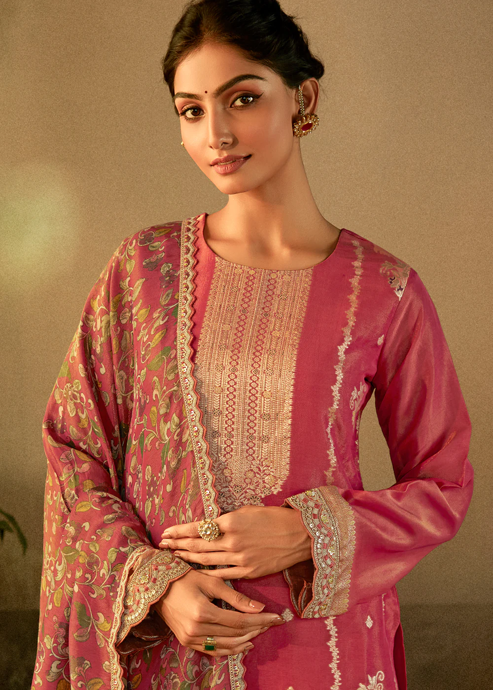 Pink Pure Zari Banarasi Tissue Festive Wear Salwar Suit - Image 4