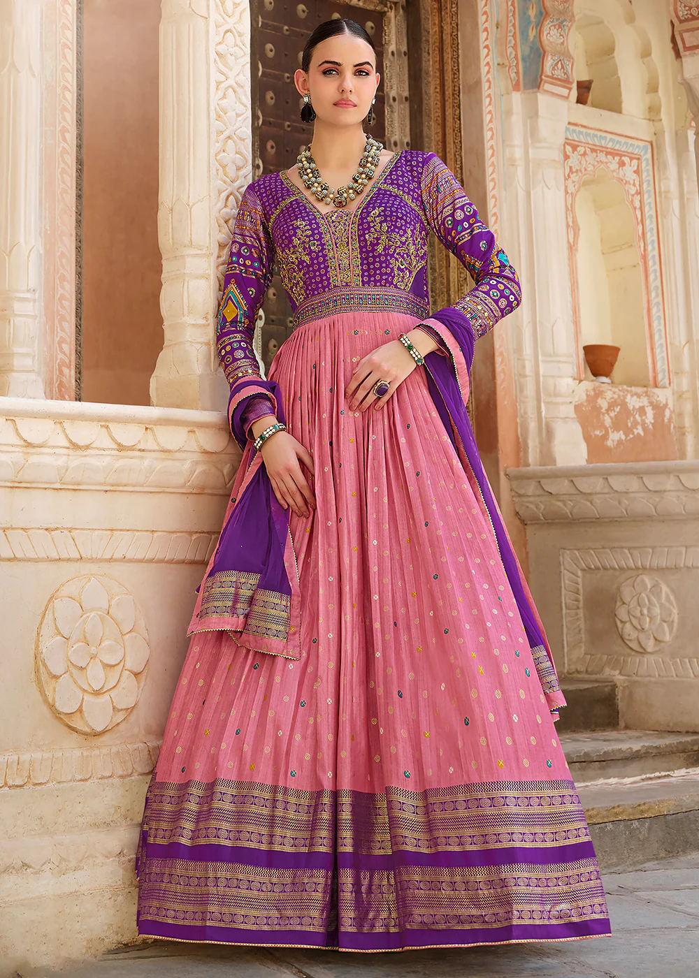 Pink & Purple Silk Foil Printed & Embroidered Traditional Gown