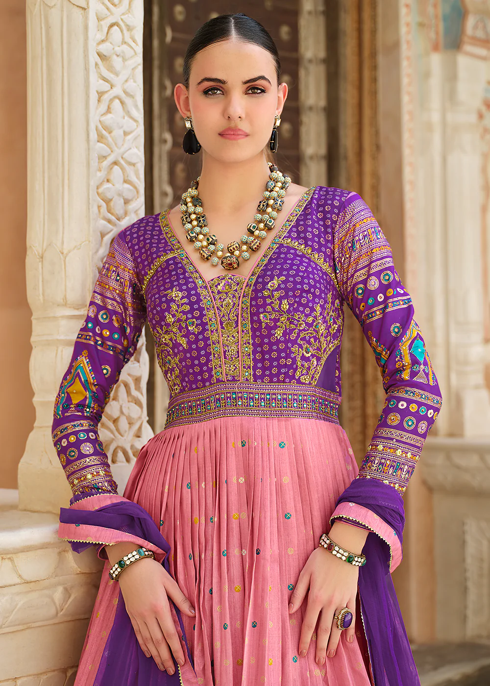 Pink & Purple Silk Foil Printed & Embroidered Traditional Gown - Image 2