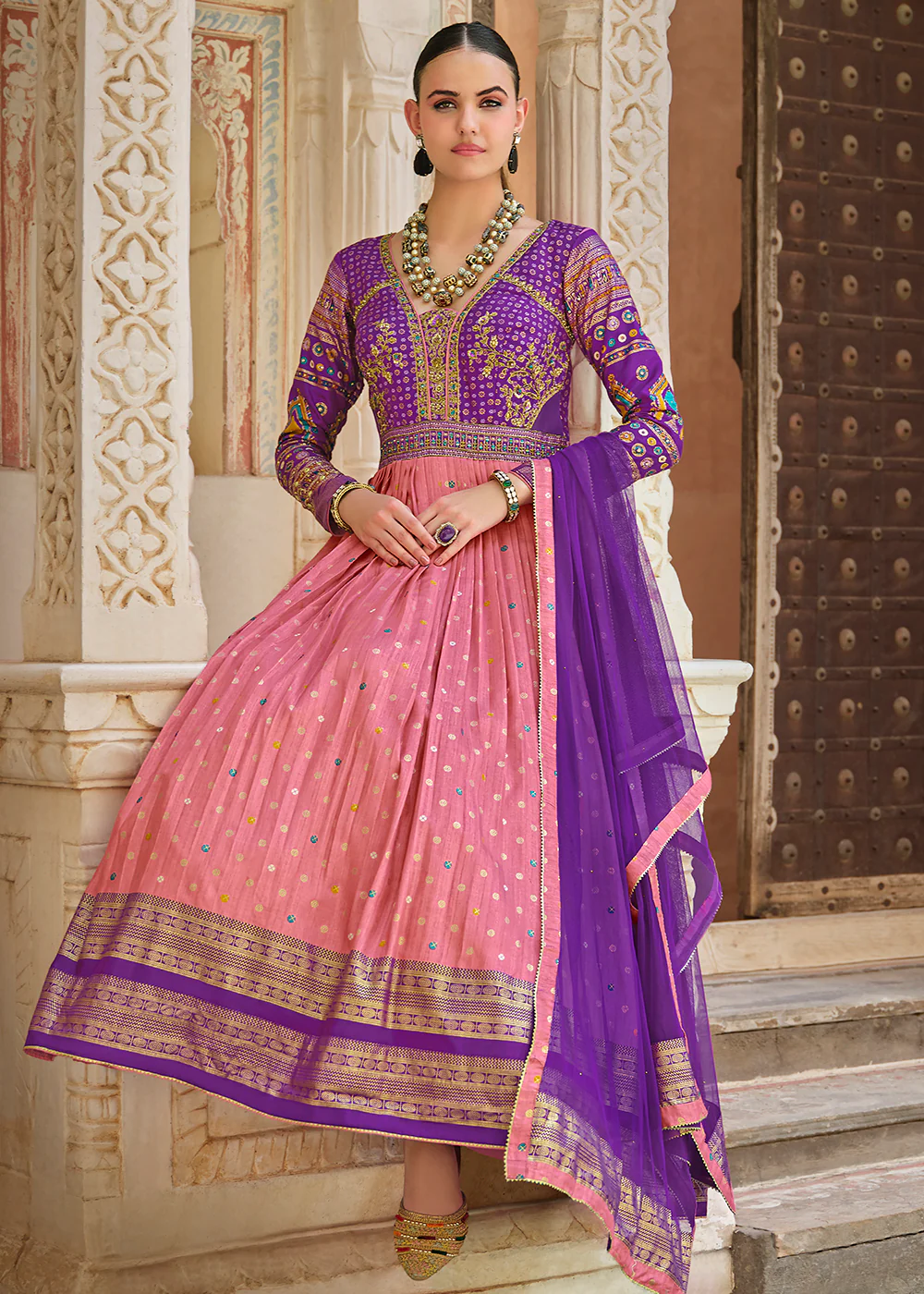 Pink & Purple Silk Foil Printed & Embroidered Traditional Gown - Image 3