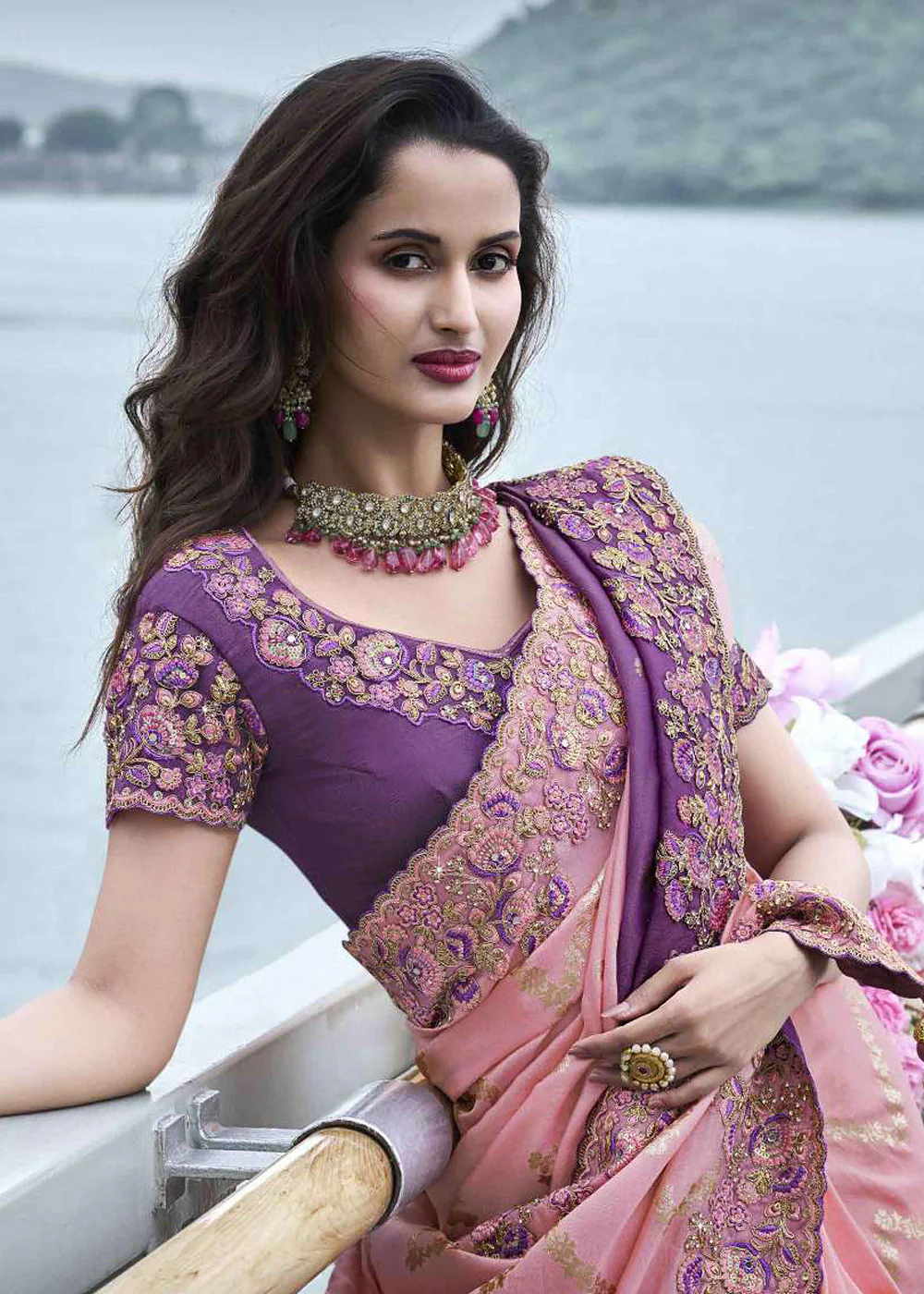 Pink & Purple Viscose Silk Embroidered Designer Wedding Saree - Image 2