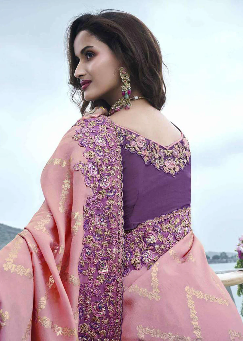 Pink & Purple Viscose Silk Embroidered Designer Wedding Saree - Image 3