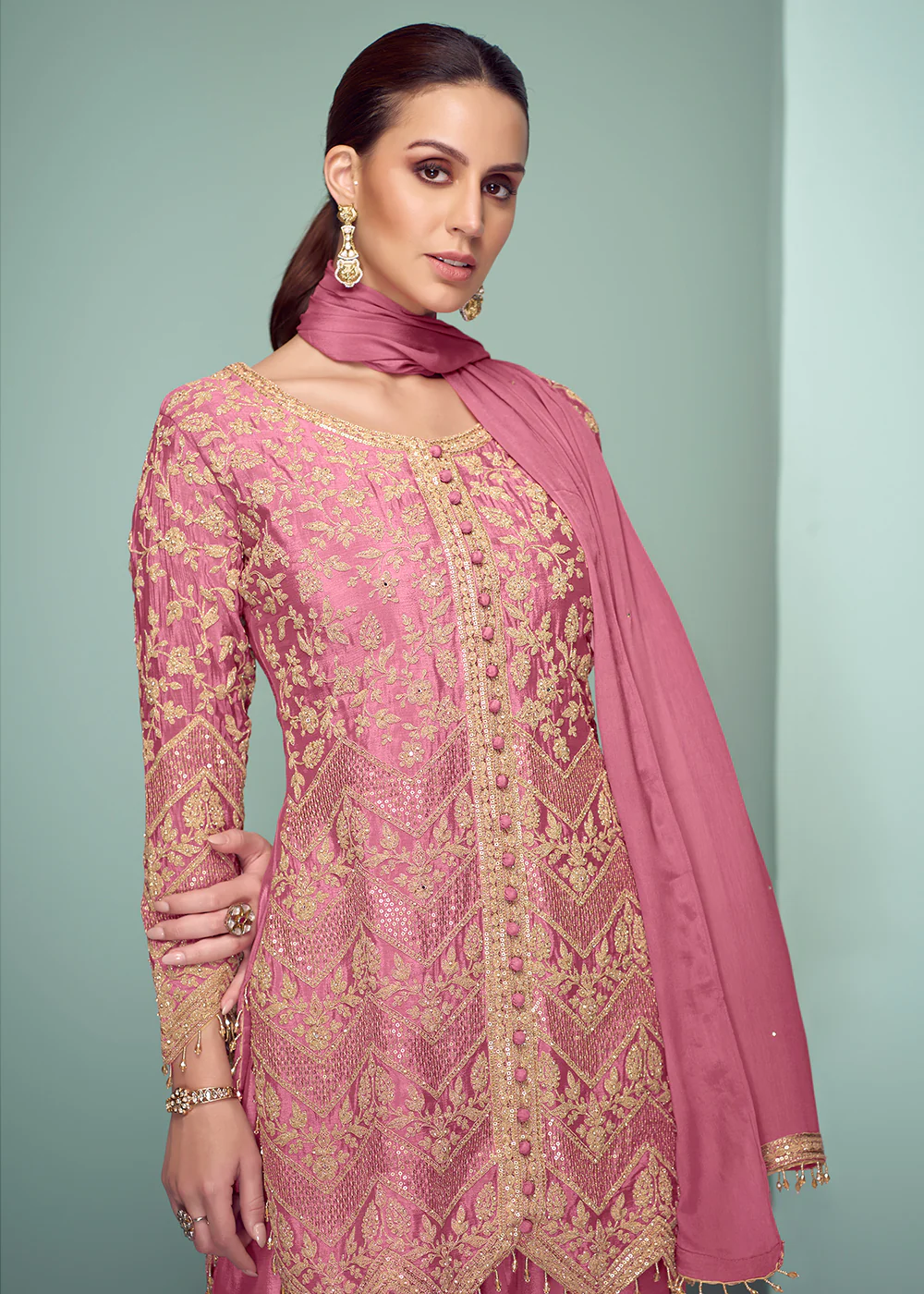 Pink Real Chinnon Embroidered Designer Palazzo Suit - Image 2