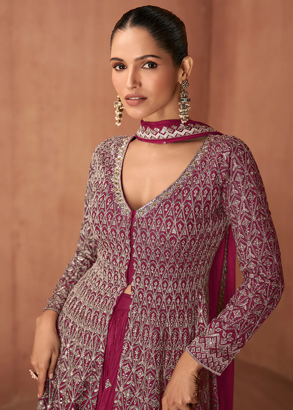 Pink Real Chinnon Festive Trendy Palazzo Suit - Image 2