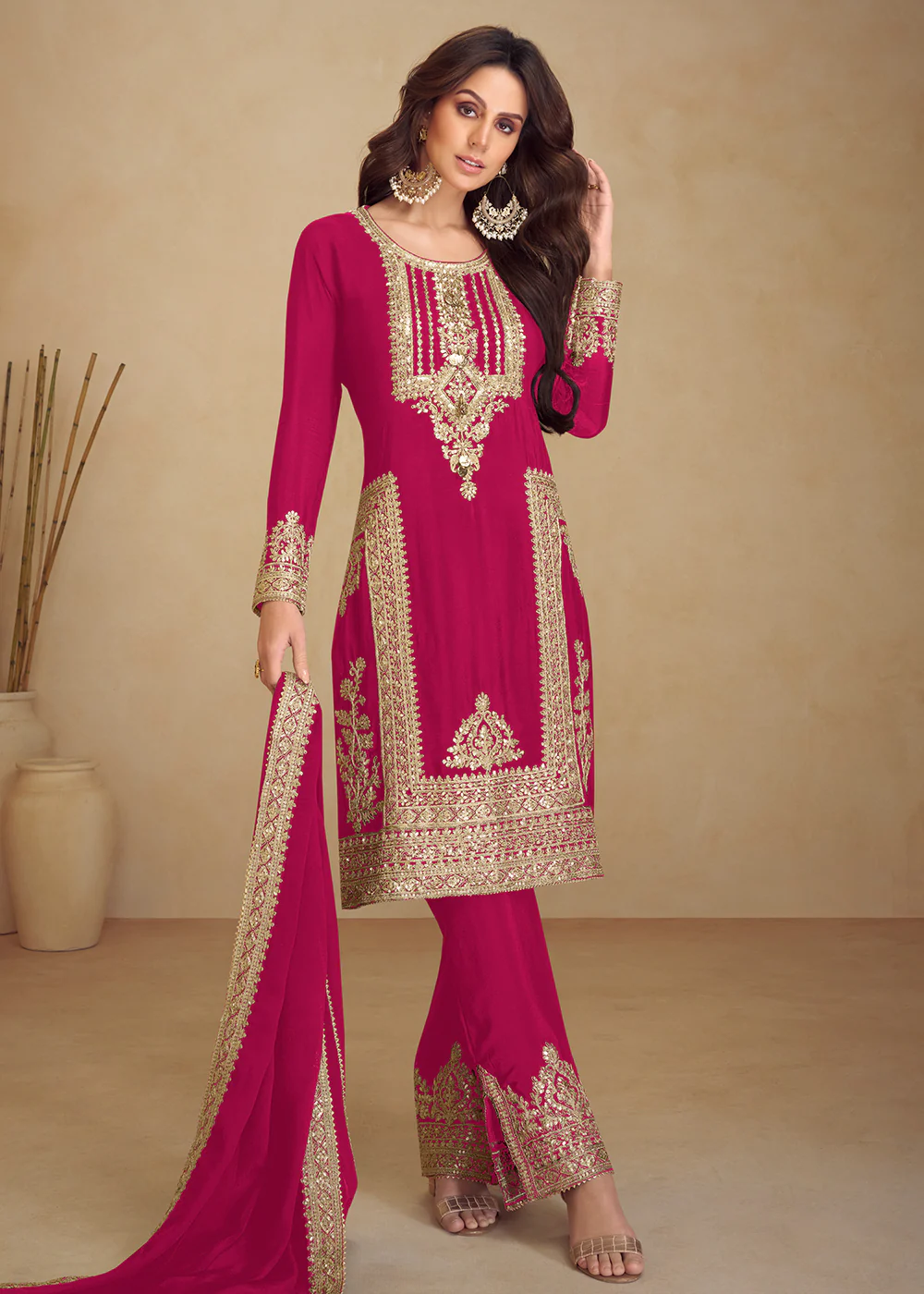 Pink Real Chinnon Silk Pant Style Festive Dress