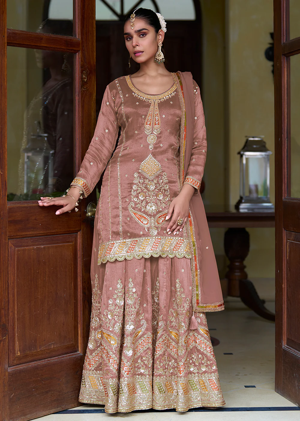 Pink Real Shimmer Silk Festive Skirt Style Suit