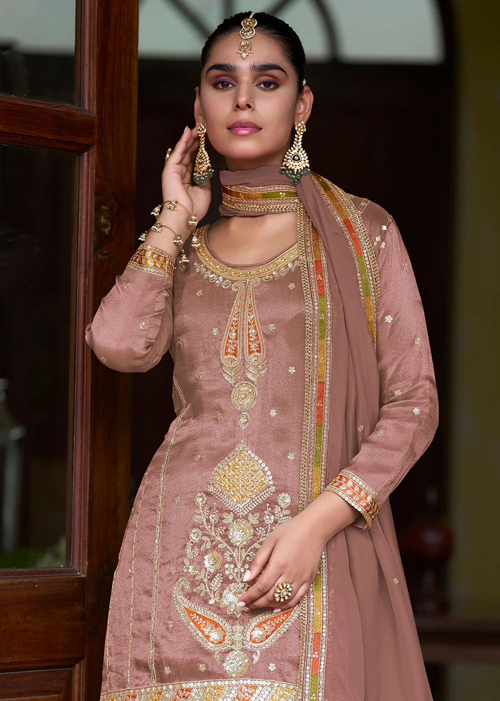 Pink Real Shimmer Silk Festive Skirt Style Suit - Image 2