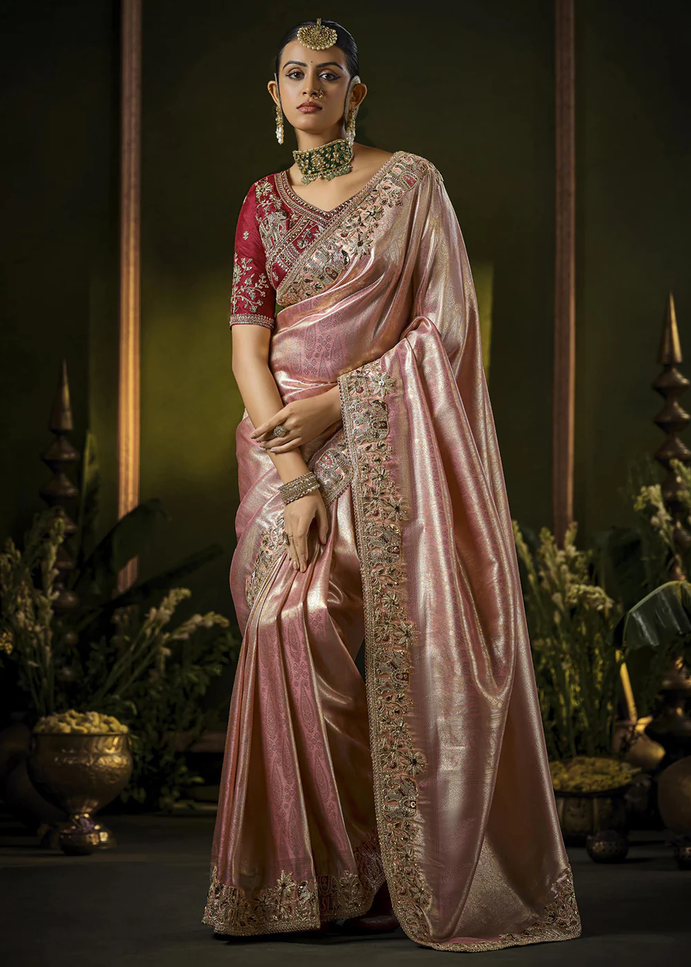Pink & Red Heavy Silk Embroidered Bridal Wear Saree