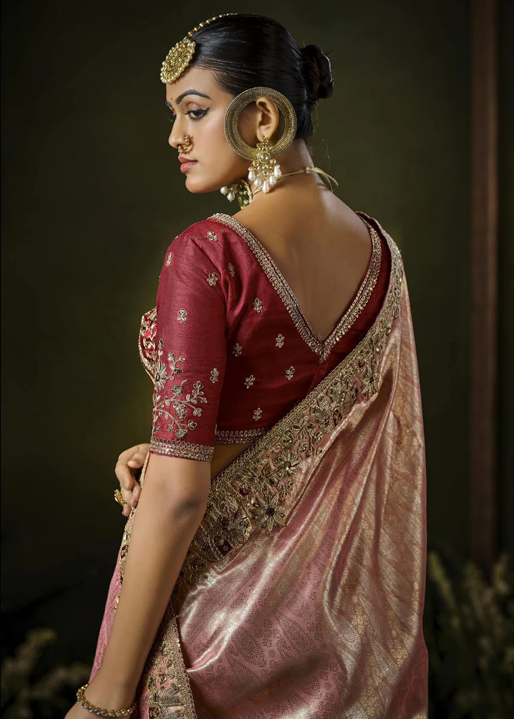 Pink & Red Heavy Silk Embroidered Bridal Wear Saree - Image 3