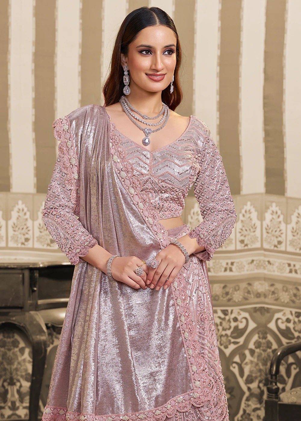 Pink Saree Style Embroidered Designer Lehenga Choli - Image 2