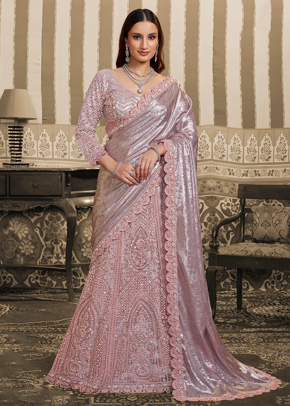 Pink Saree Style Embroidered Designer Lehenga Choli - Image 3