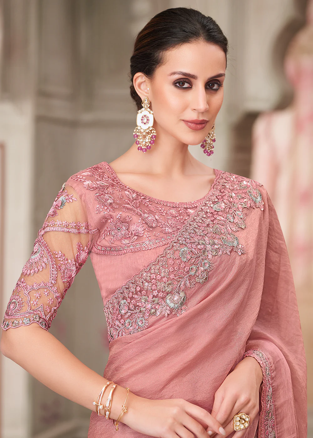 Pink Satin Georgette Embroidered Wedding Wear Saree - Image 2