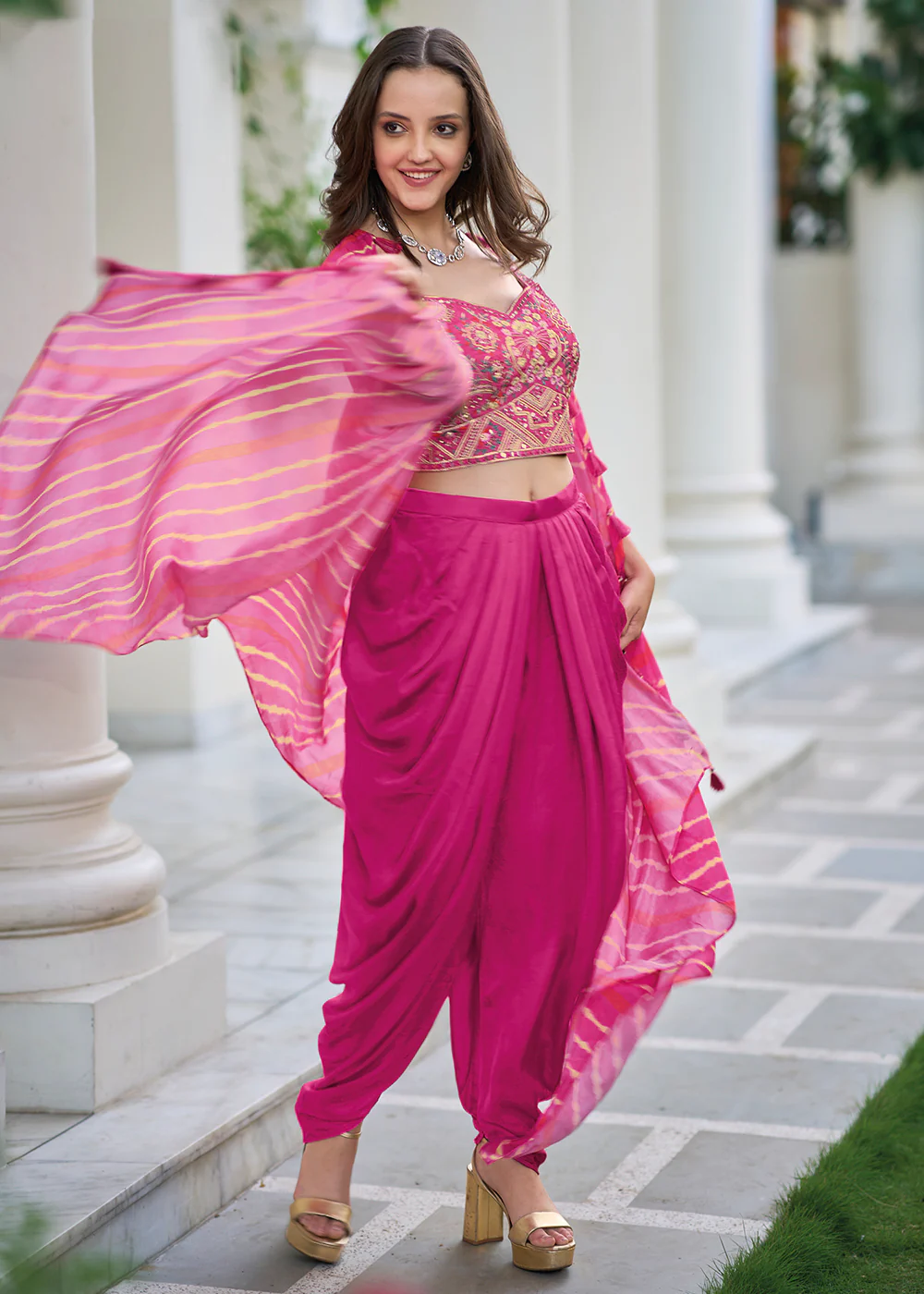 Pink Satin Silk Embroidered Dhoti Style Crop Top Suit - Image 3