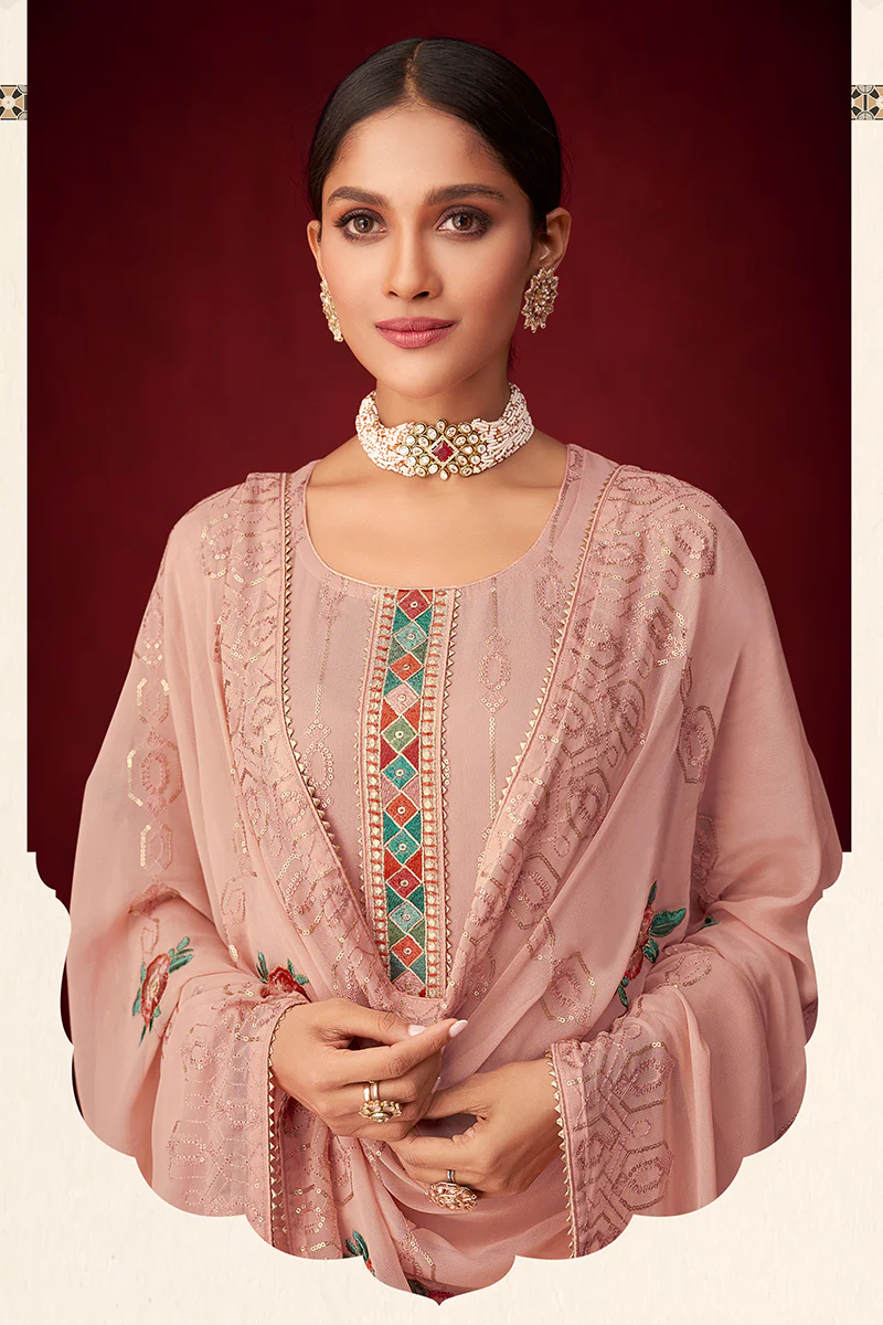 Pink Sequins & Thread Embroidered Georgette Salwar Suit - Image 2