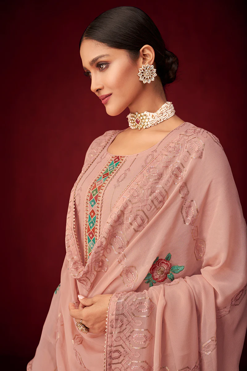 Pink Sequins & Thread Embroidered Georgette Salwar Suit - Image 3