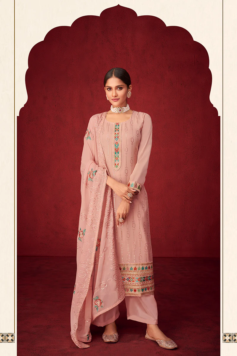 Pink Sequins & Thread Embroidered Georgette Salwar Suit - Image 4