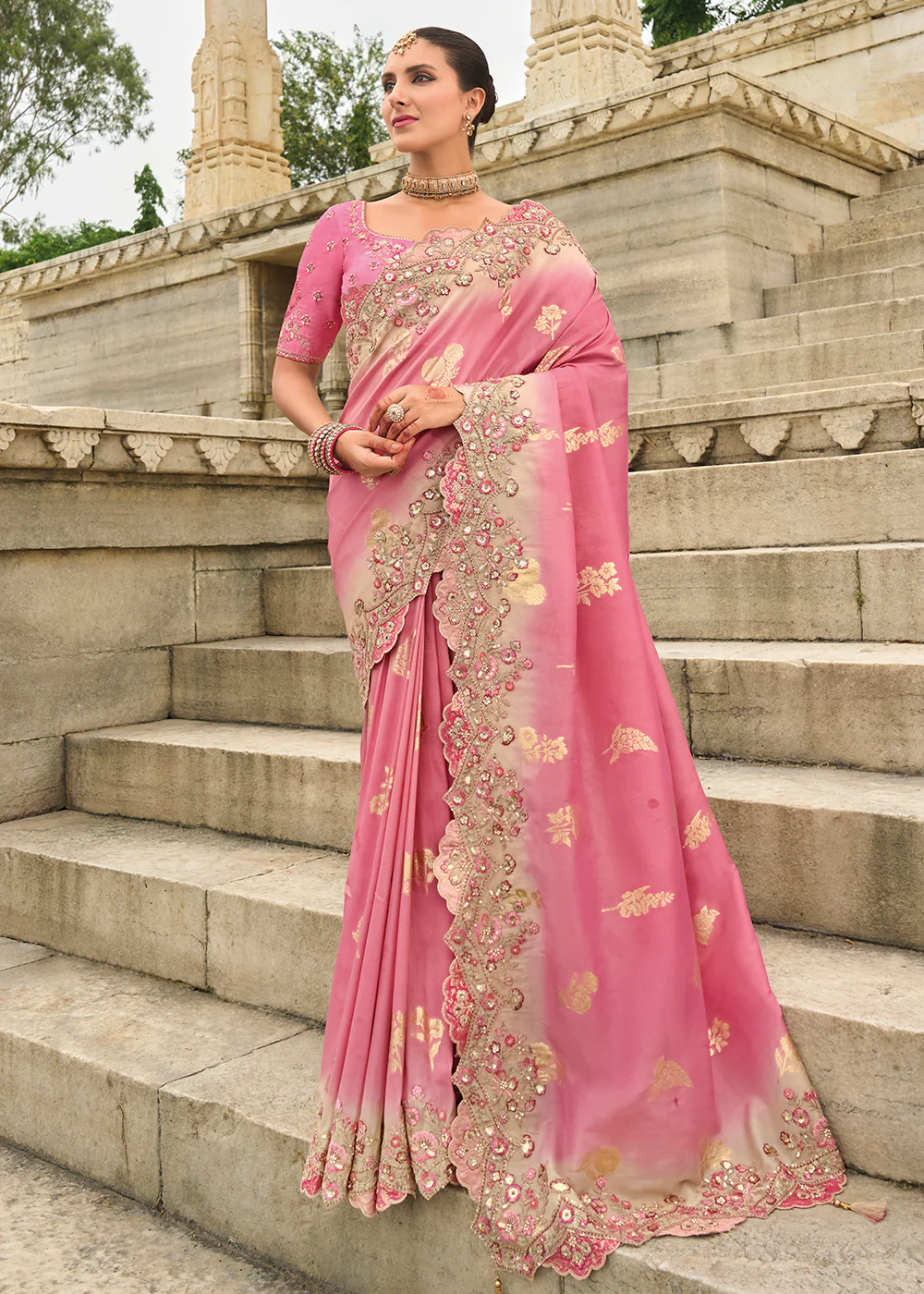 Pink Shaded Viscose Tissue Silk Designer Saree