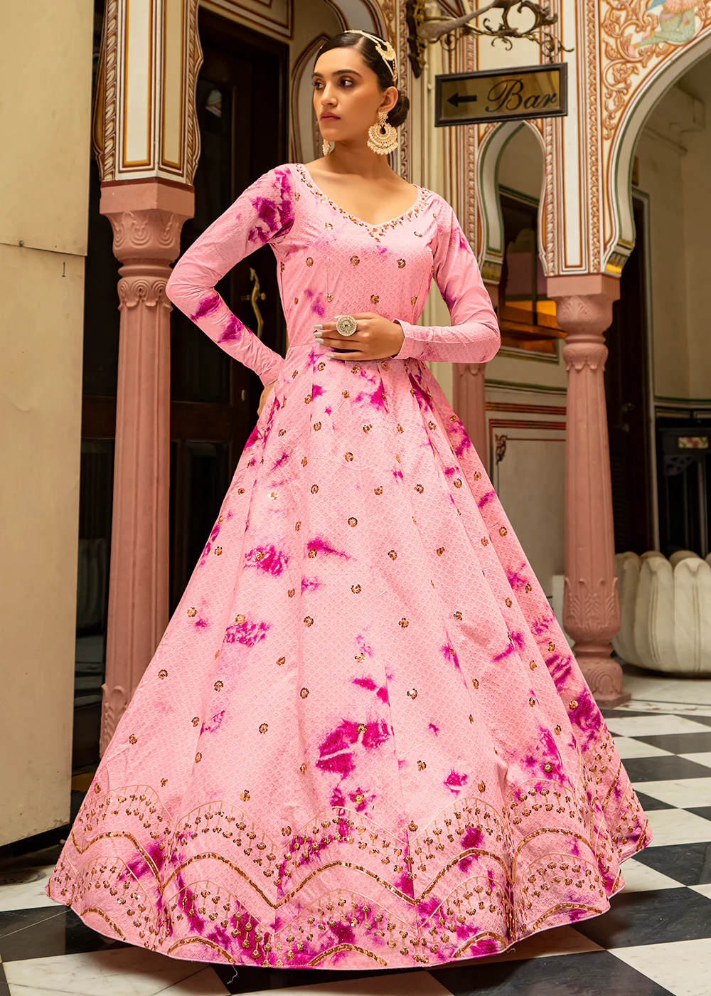 Pink Shibori Print Embroidered Floor Length Cotton Gown