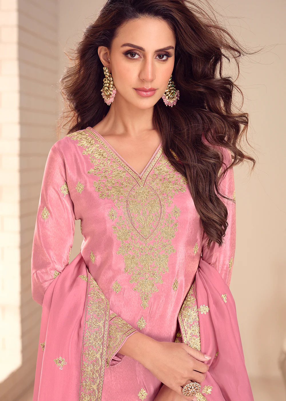 Pink Shimmer Silk Embroidered Festive Palazzo Dress - Image 2