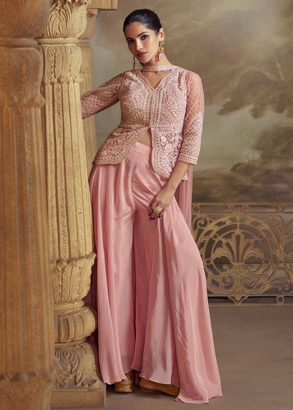 Pink Short Shirt Style Wedding Festive Palazzo Suit