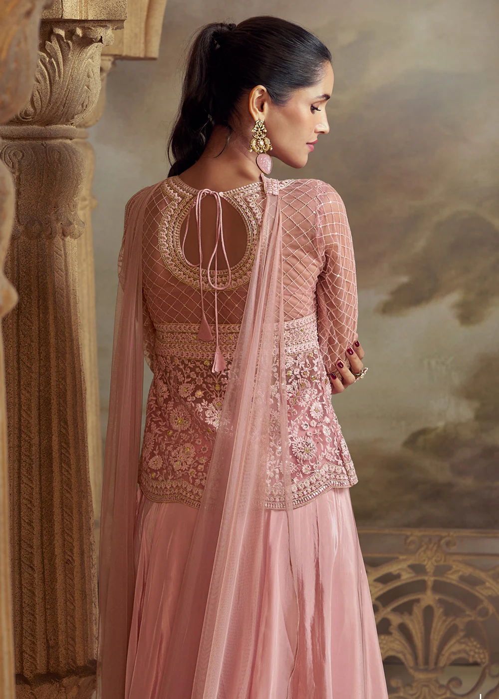 Pink Short Shirt Style Wedding Festive Palazzo Suit - Image 3