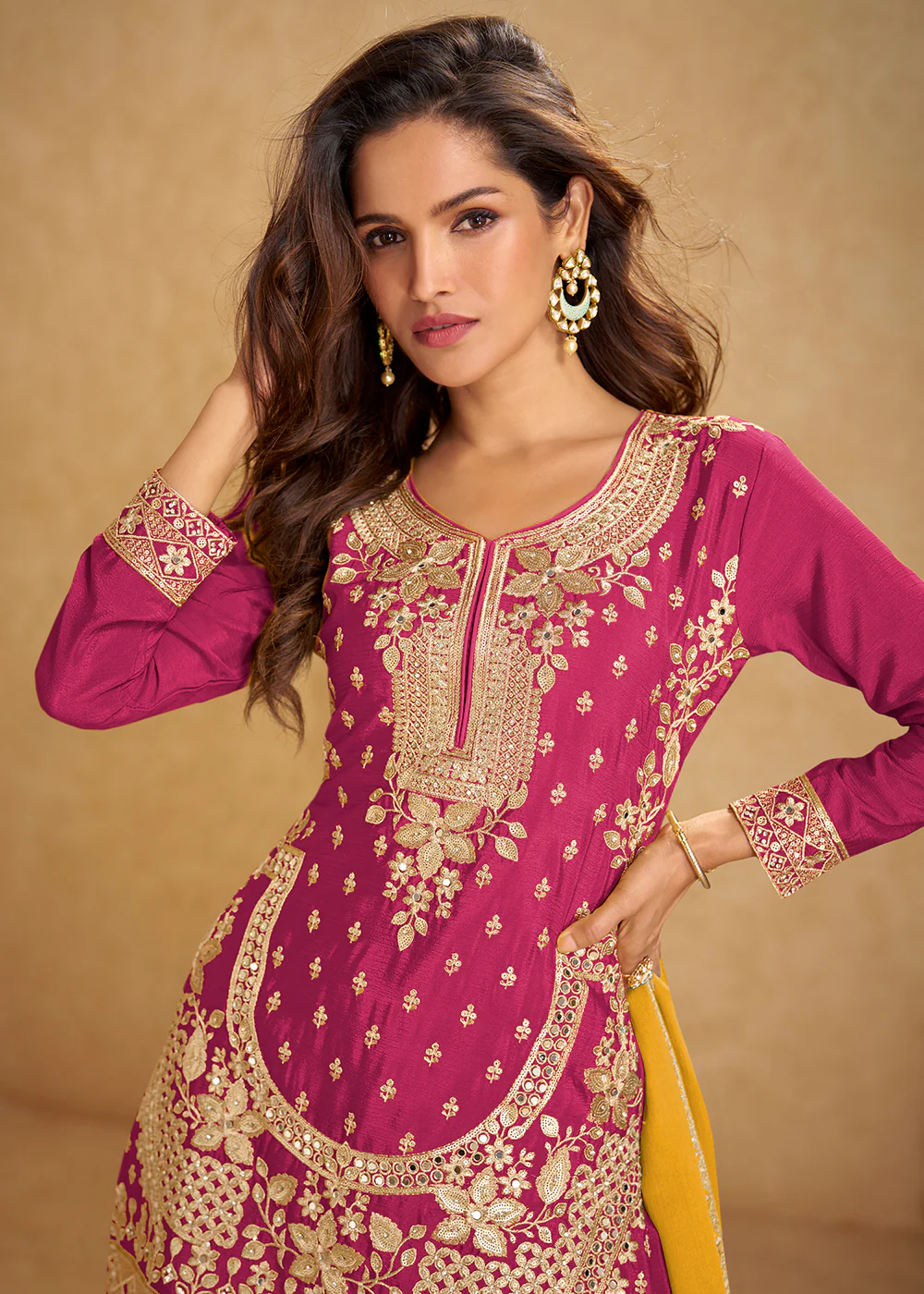 Pink Short Top Style Chinnon Sangeet Palazzo Suit - Image 2