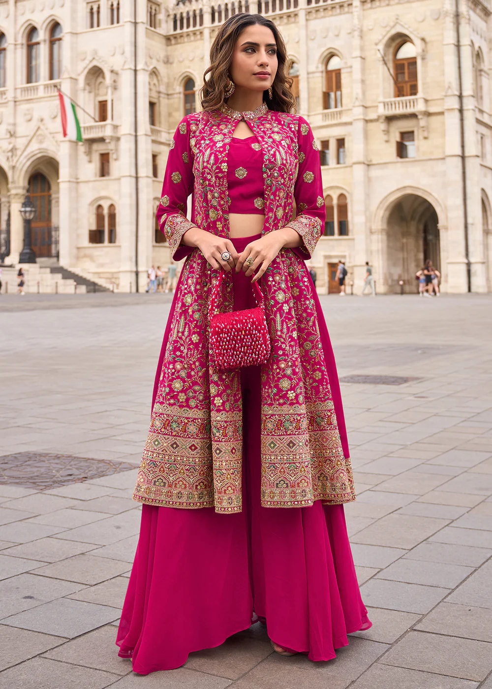 Pink Shrug Style Georgette Indo Western Palazzo Suit