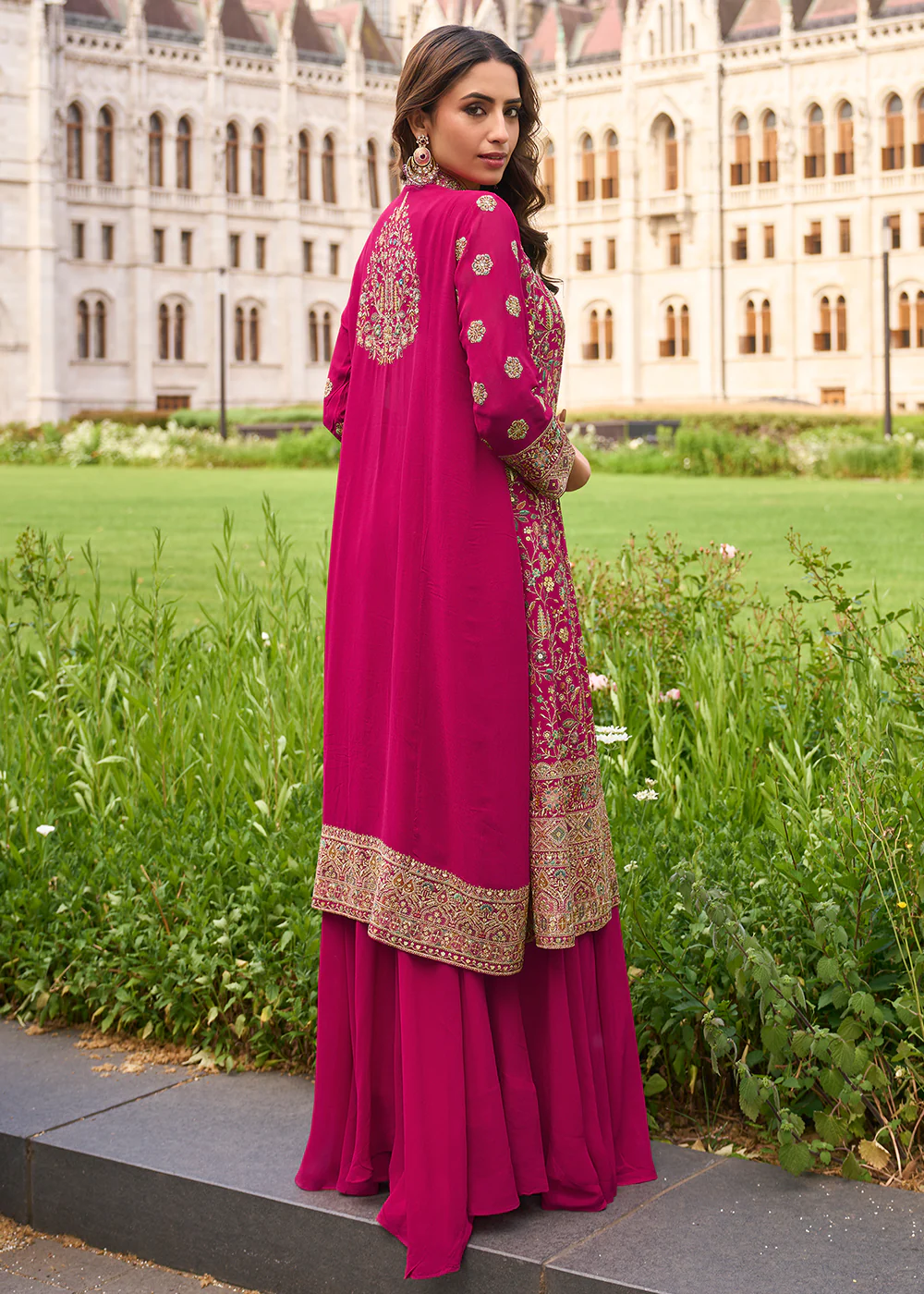 Pink Shrug Style Georgette Indo Western Palazzo Suit - Image 3