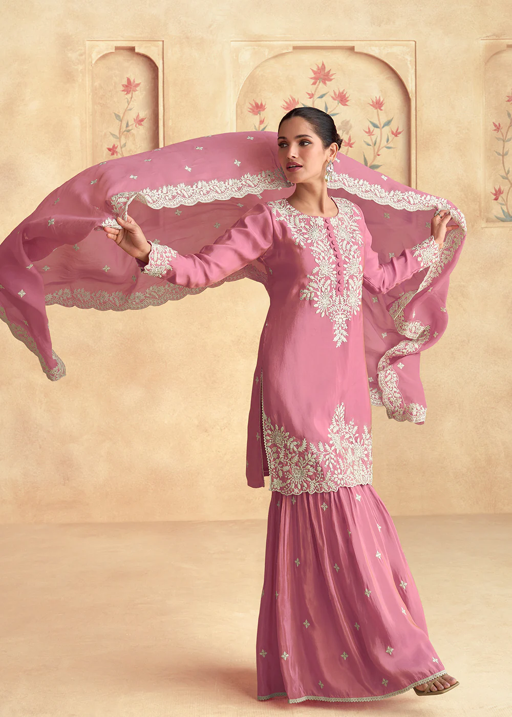 Pink Silk Embroidered Festive Gharara Suit - Image 3