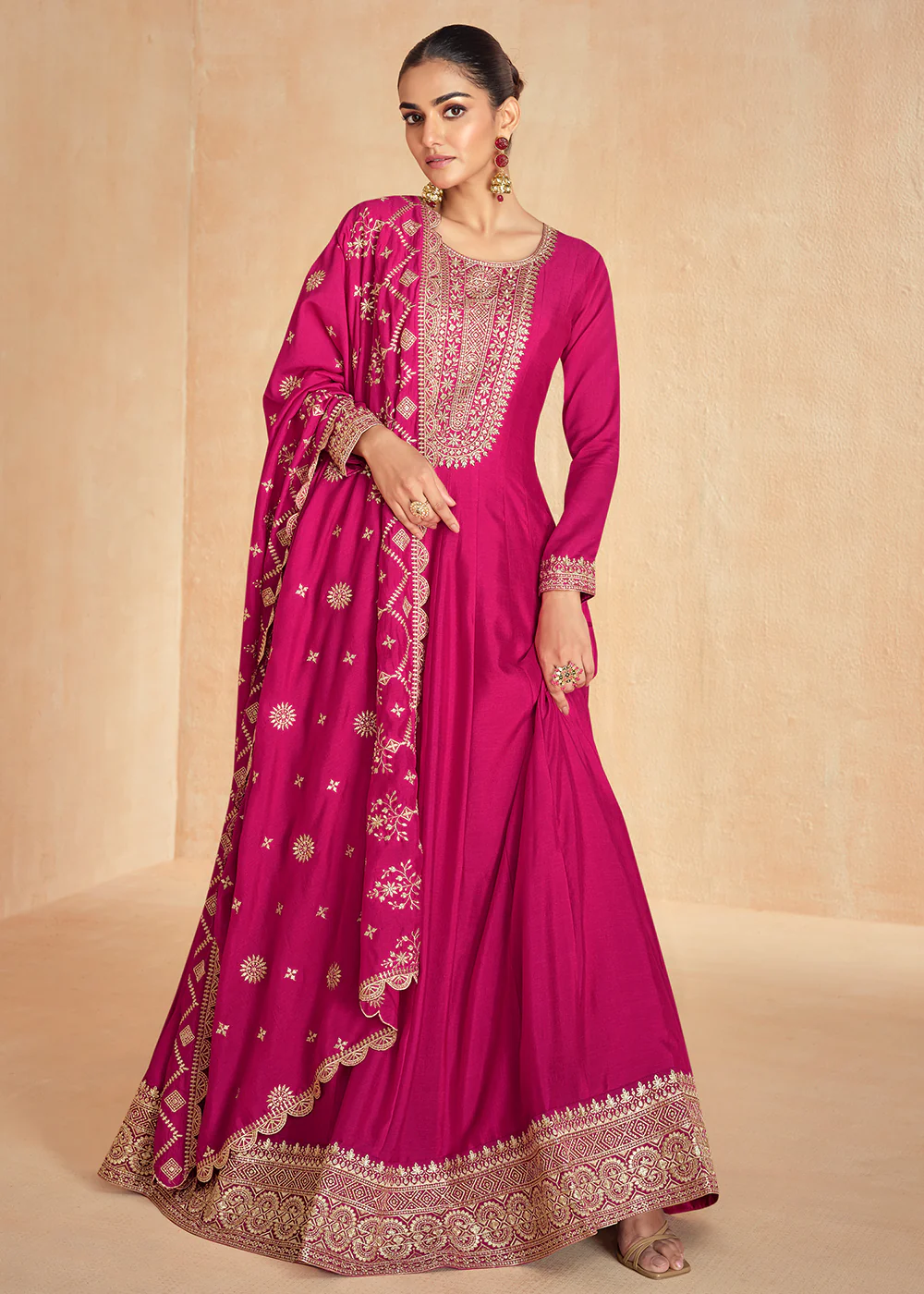 Pink Silk Embroidered Wedding Party Anarkali Suit