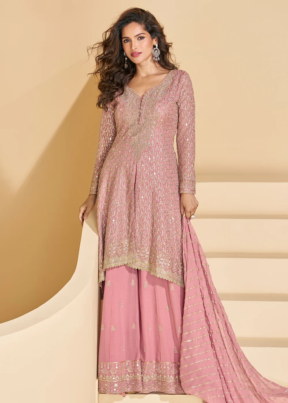 Pink Slit Style Embroidered Palazzo Style Suit