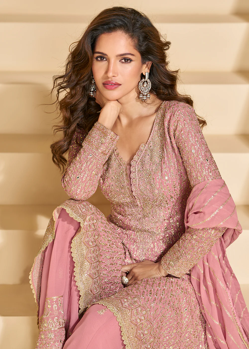 Pink Slit Style Embroidered Palazzo Style Suit - Image 2