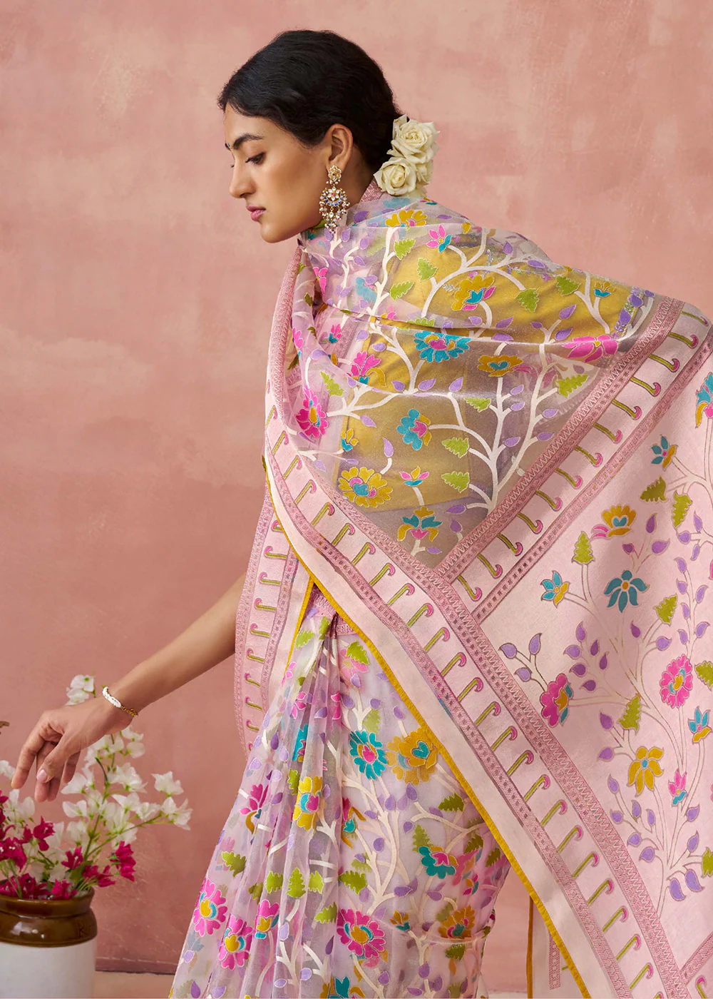 Pink Soft Brasso Organza Printed Festive Classic Saree - Image 2