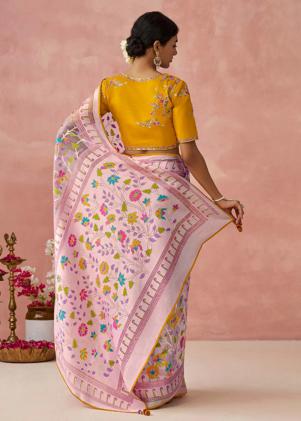 Pink Soft Brasso Organza Printed Festive Classic Saree - Image 3