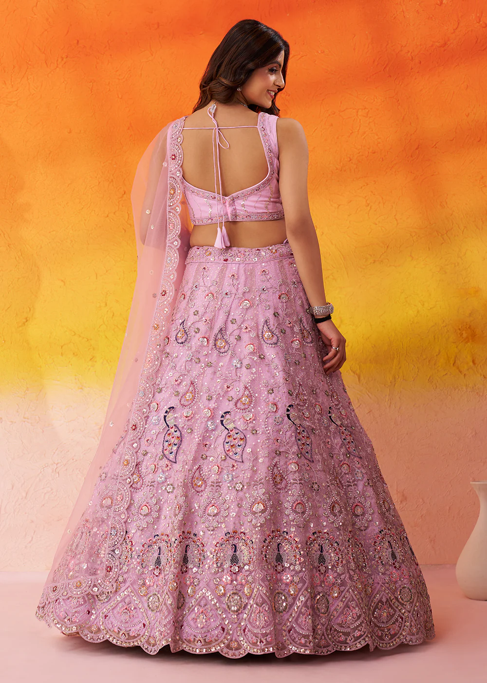 Pink Stone & Cording Work Net Lehenga Choli - Image 3