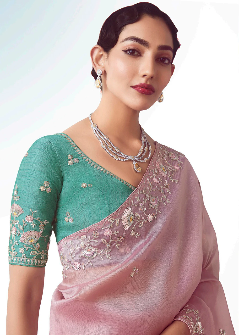 Pink & Teal Fancy Fabric Embroidered Designer Saree - Image 2