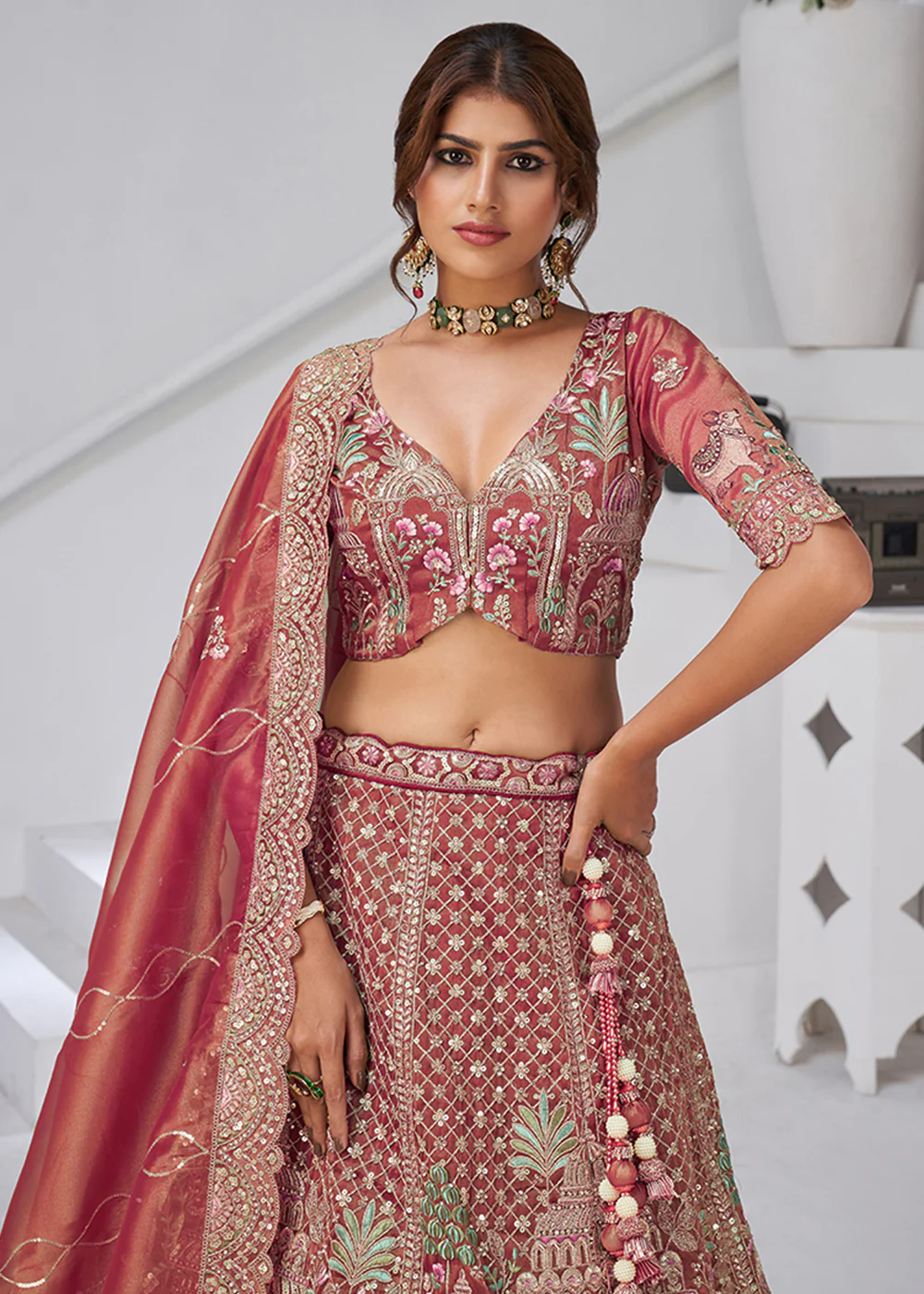 Pink Temple & Cow Motifs Bridal Lehenga Choli - Image 2