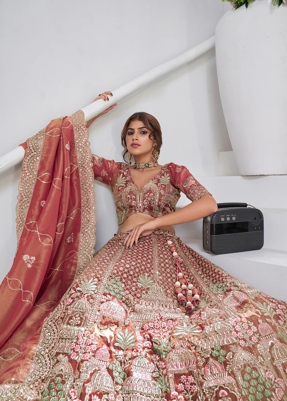 Pink Temple & Cow Motifs Bridal Lehenga Choli - Image 6